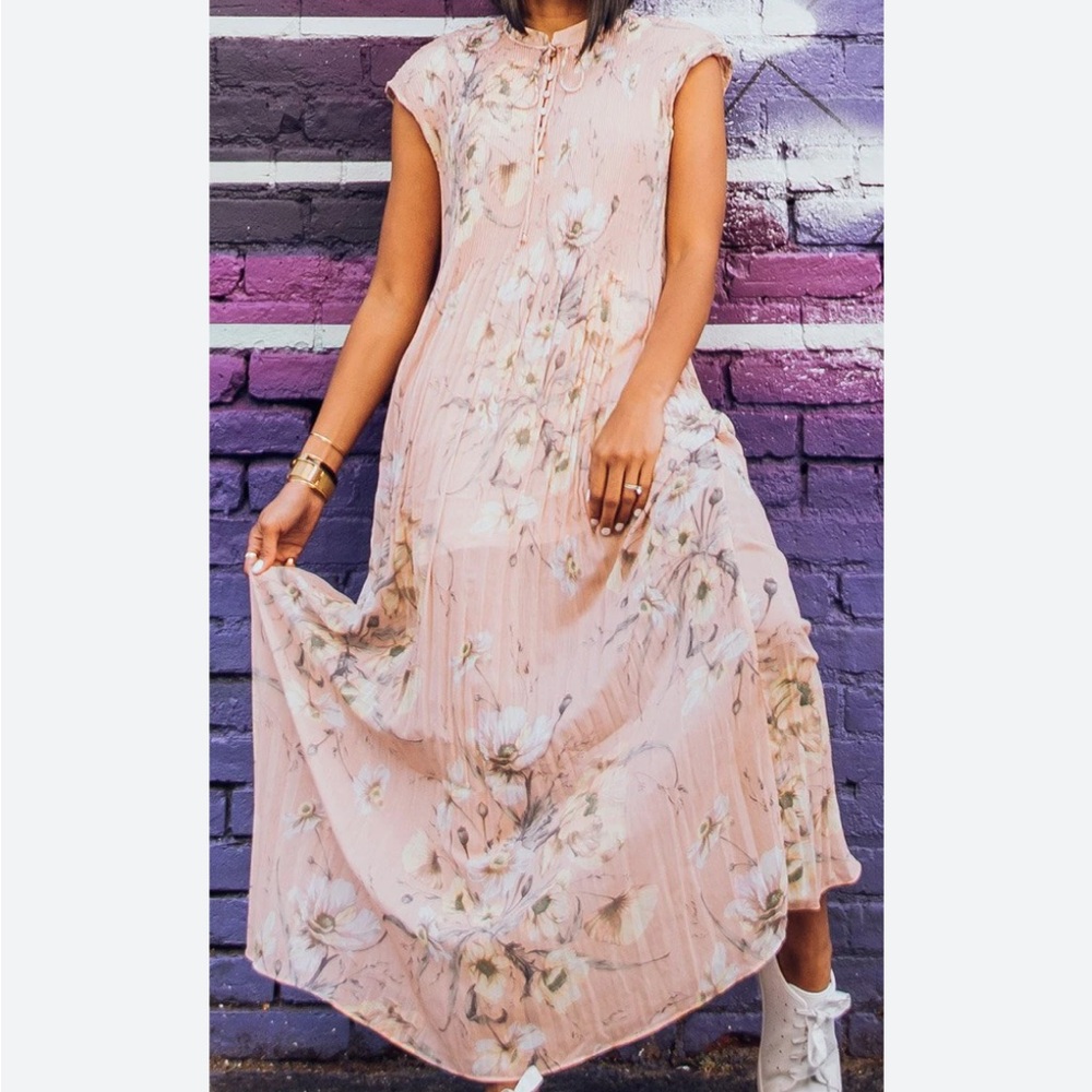 H&M Blush Pink Floral Pleated Maxi Dress size 10 euc - Picture 2 of 10